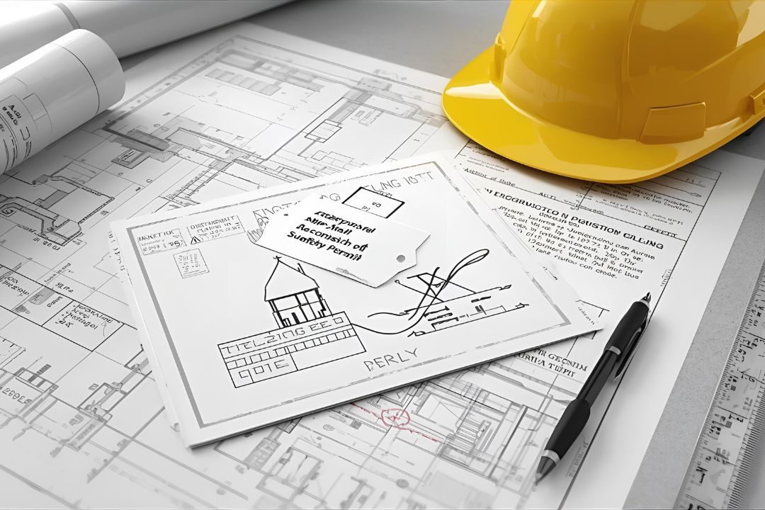 تصویر واقع_گرایانه انواع پروانه ساختمانی روی نقشه معماری با کلاه ایمنی و ابزار مهندسی