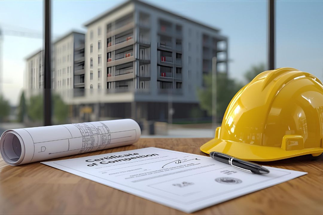 تصویر پروانه پایان کار ساختمان همراه با نقشه معماری، کلاه ایمنی و مهر تأیید